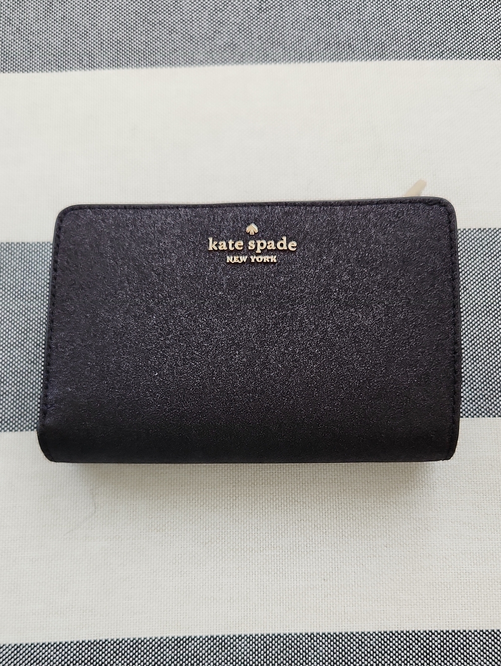 kate spade Black Leather Zip Compact Wallet with Gold Logo